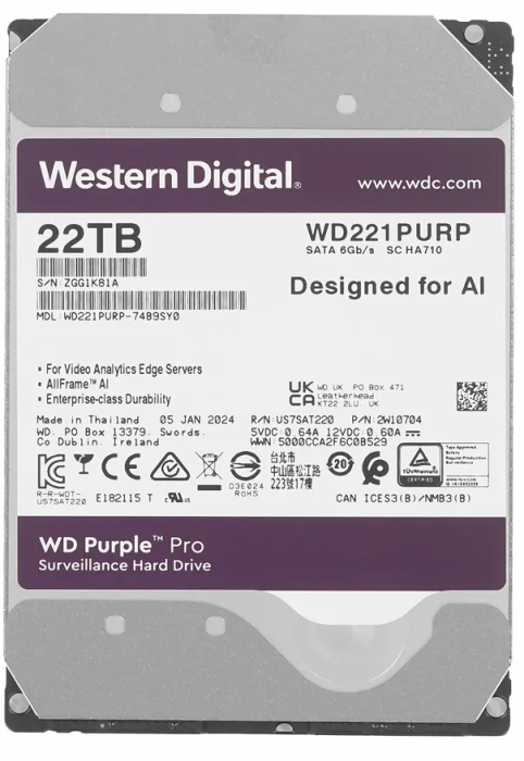 Жесткий диск WD Purple Pro 22TB 3.5" SATA 6GB/s [WD221PURP]