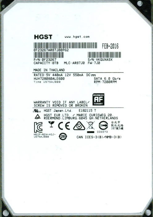 Жесткий диск 8TB HDD 3.5" SATA 6GB/s WD DC HC(HUH728080ALE600)