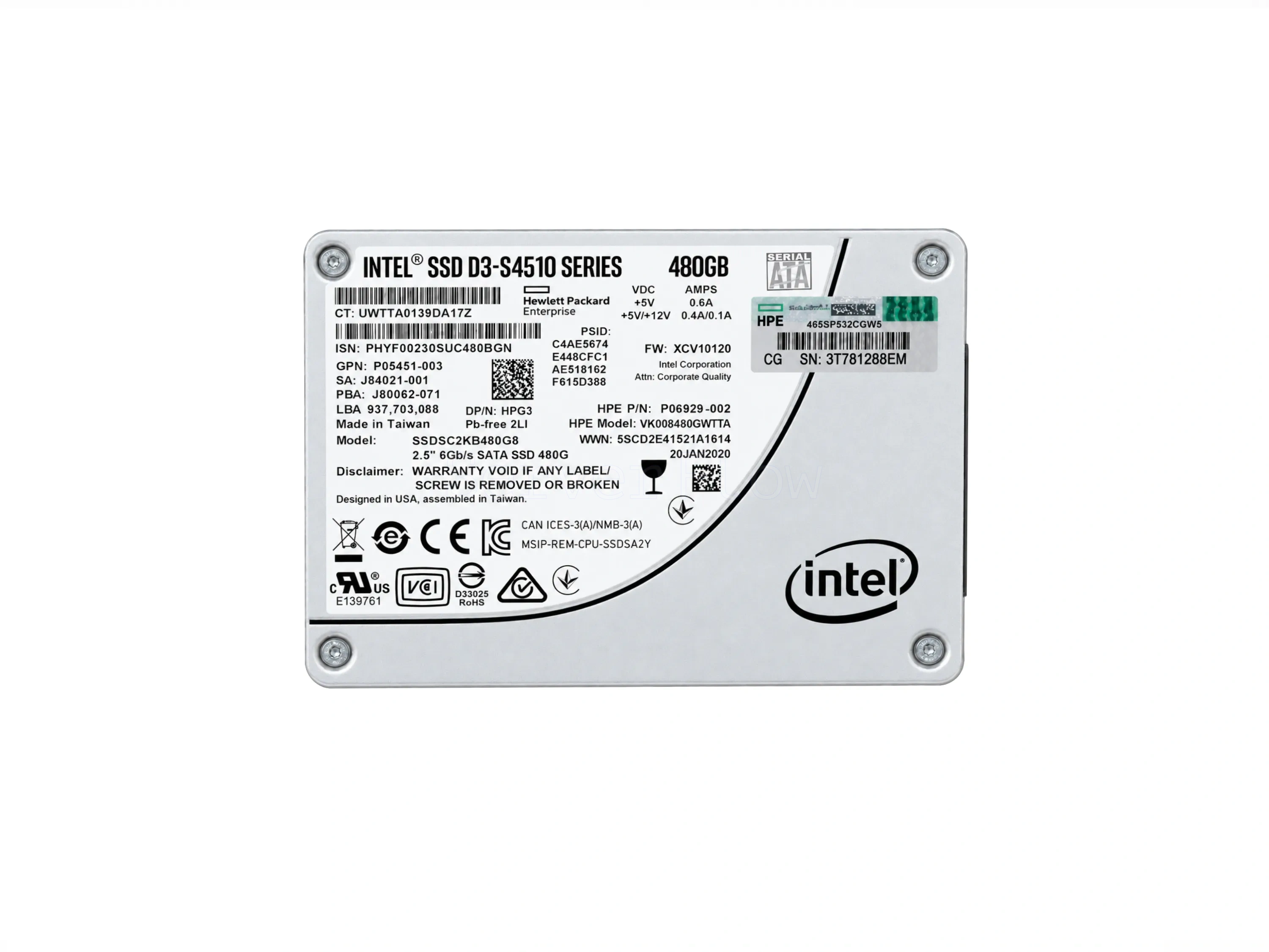 SSD-накопитель Intel(HPE) D3-S4510 480GB 2.5" SATA 6Gb/s [SSDSC2KB480G8P]