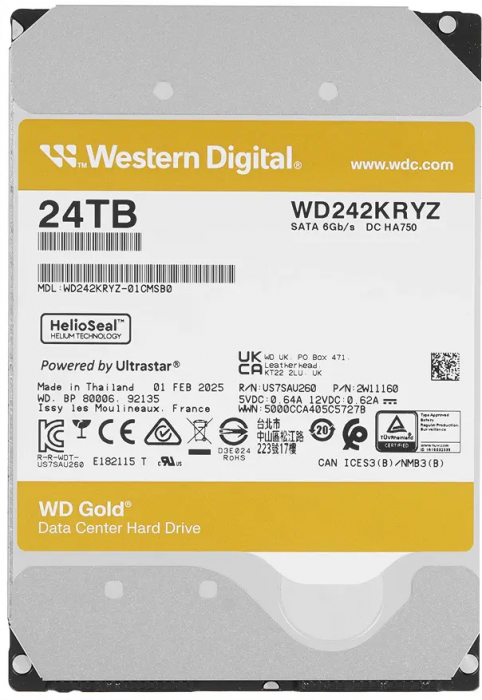 Жесткий диск WD Gold Enterprise 24TB 3.5" SATA 6GB/s [WD242KRYZ]