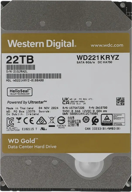 Жесткий диск WD Gold Enterprise 22TB 3.5" SATA 6GB/s [WD221KRYZ]