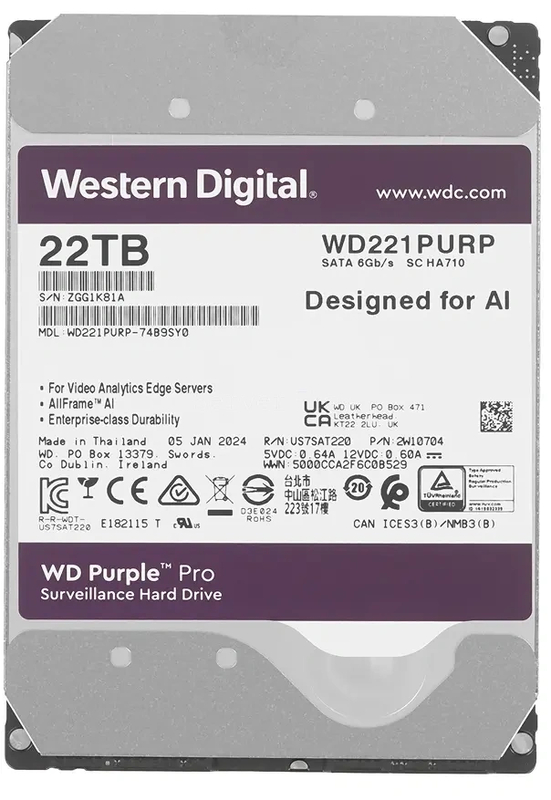 Жесткий диск WD Purple Pro 22TB 3.5" SATA 6GB/s [WD221PURP]