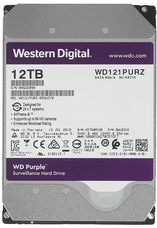 Жесткий диск WD Purple 12TB 3.5" SATA 6GB/s [WD121PURZ]