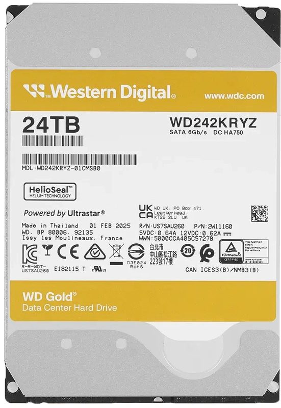 Жесткий диск WD Gold Enterprise 24TB 3.5" SATA 6GB/s [WD242KRYZ]