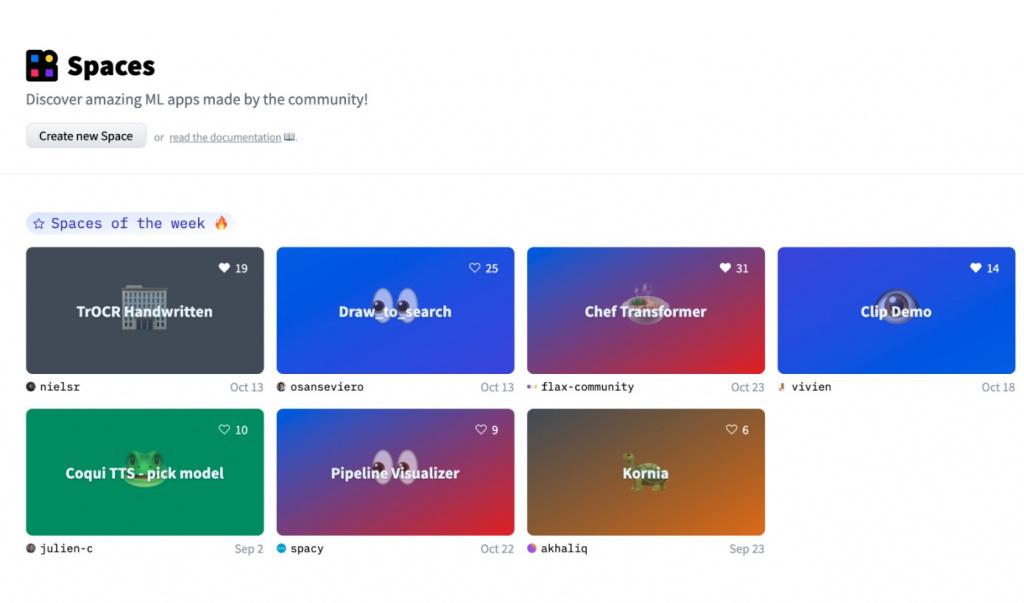 Hugging Face Spaces с подборкой «Spaces of the week»