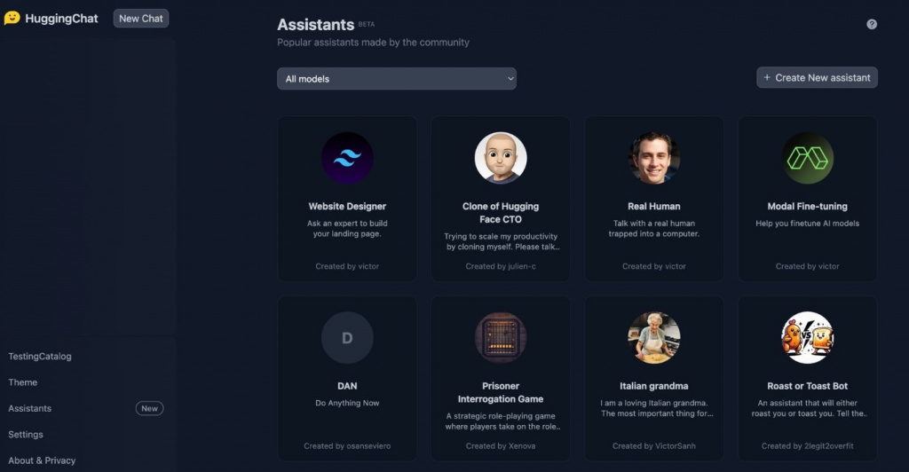 Раздел HuggingChat Assistants