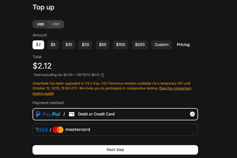 Пополнения счета DeepSeek API