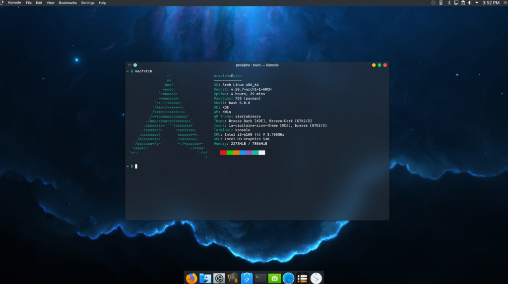Arch Linux с запущенным терминалом neofetch