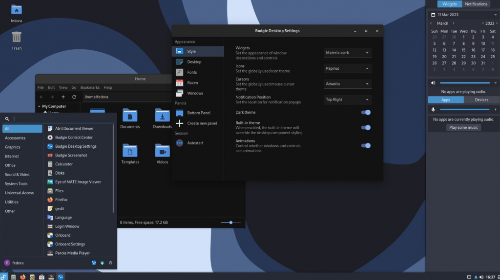 Рабочий стол Fedora Linux с окружением Budgie