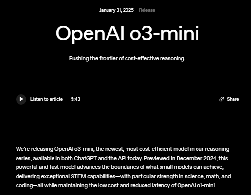 OpenAI рассказывают о выходе GPT-o3 mini.