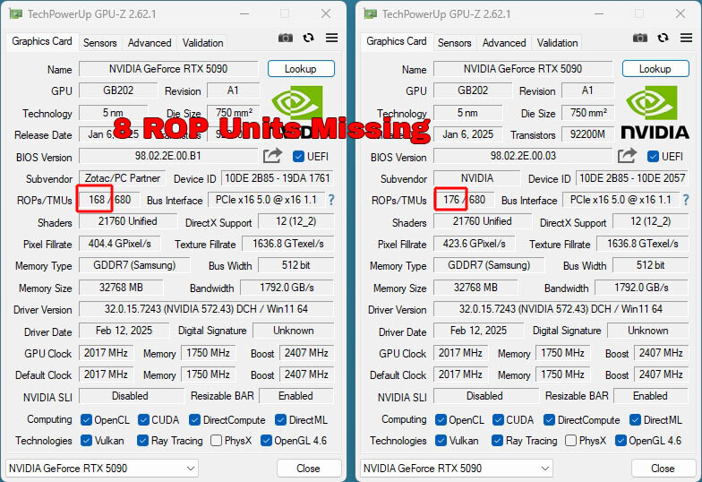В Nvidia RTX 5090 отсутствует 6 блоков ROP