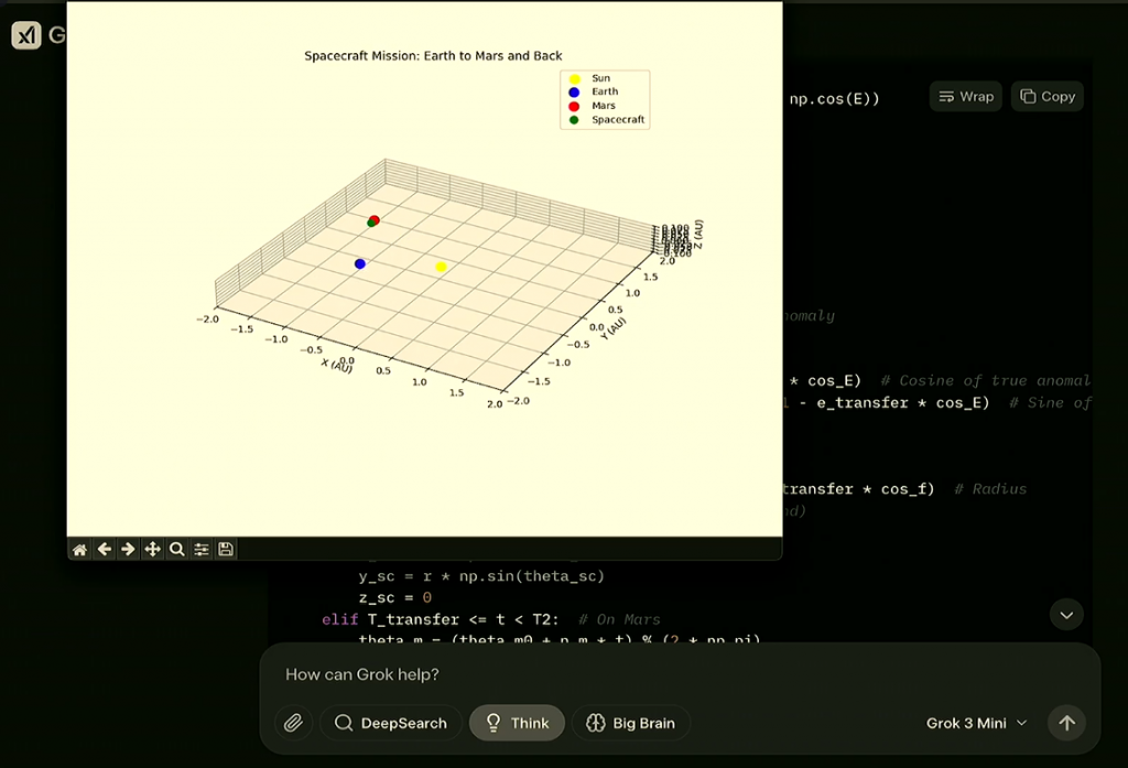 Grok 3 создал код для моделирования окна полета межпланетного шаттла