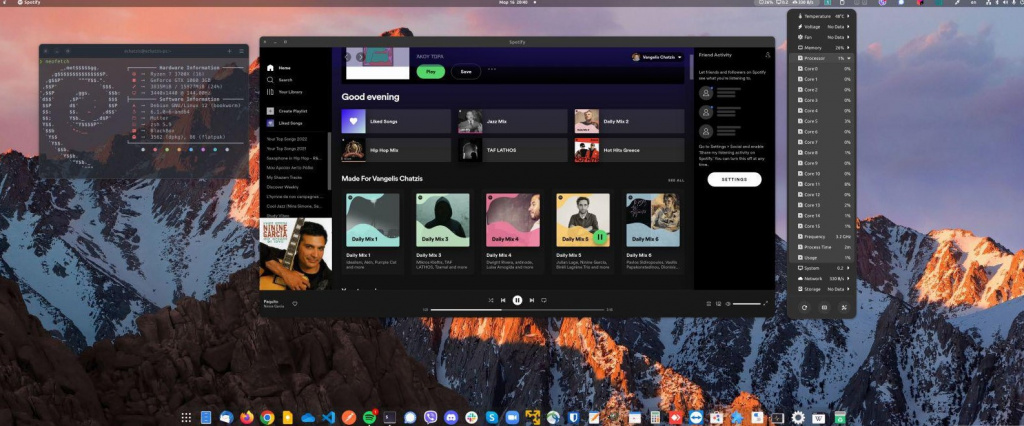 Рабочий стол Debian с окружением KDE и активным мониторингом ресурсов