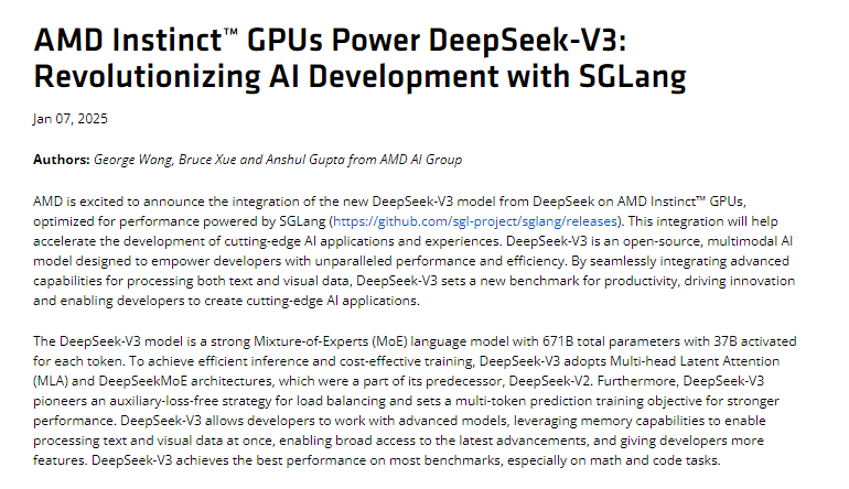 AMD объявляет о запуске DeepSeek на ИИ-ускорителях семейства Instinct