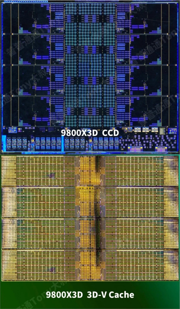 Снимок кристалла процессора AMD Ryzen 9800X3D под микроскопом