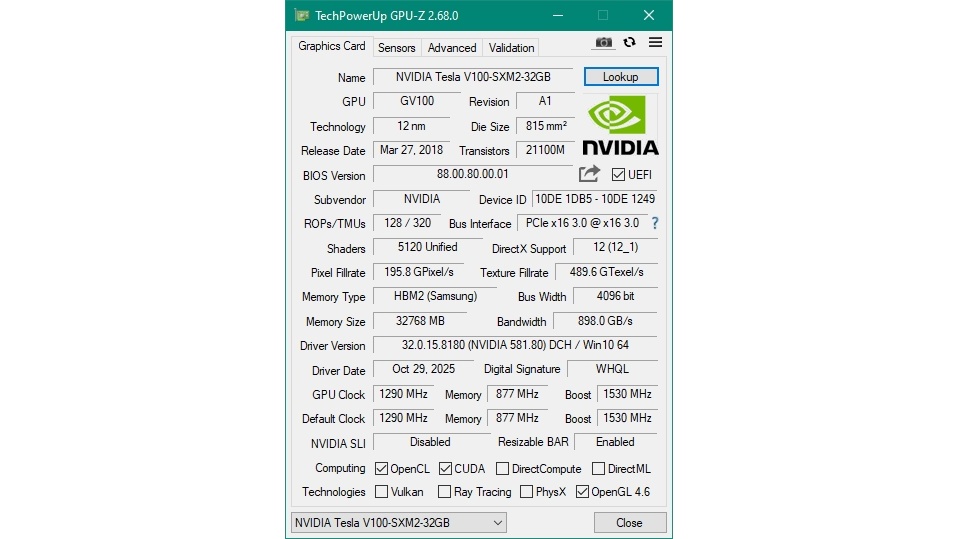 Характеристики видеокарты NVIDIA Tesla V100 32GB в GPU-Z
