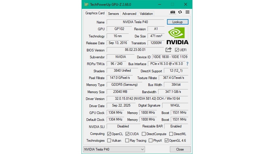Характеристики Tesla P40 в GPU-Z