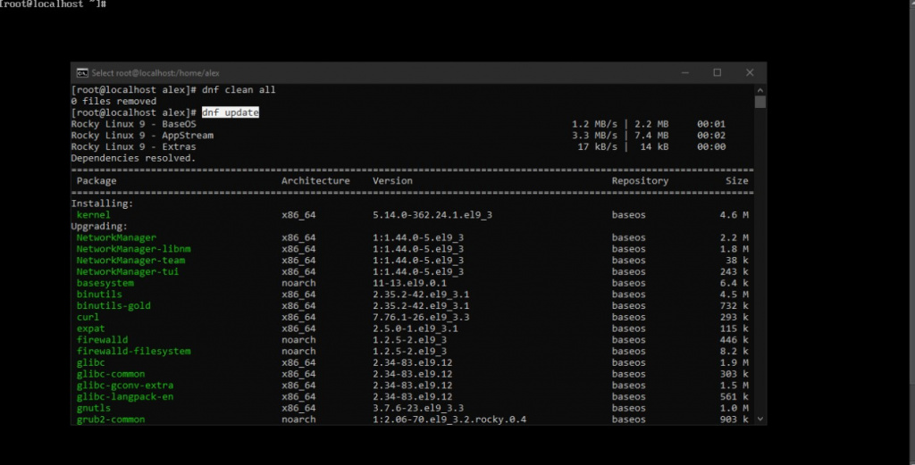 Обновление пакетов в терминале Rocky Linux