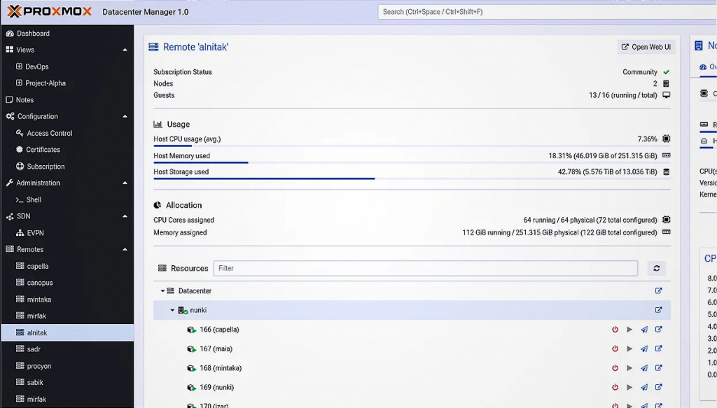 Интерфейс системы Proxmox Datacenter Manager 1.0