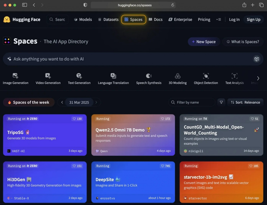 Главная страница Hugging Face Spaces