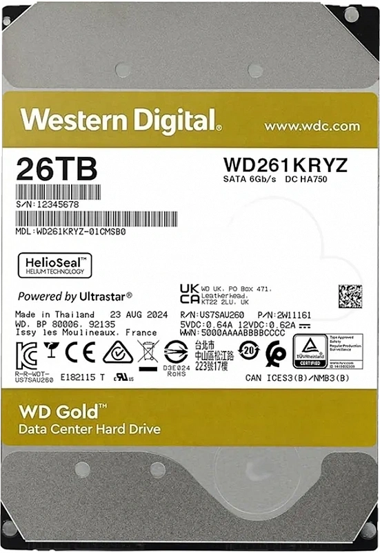 Жесткий диск WD Gold Enterprise 26TB 3.5" SATA 6GB/s [WD261KRYZ]
