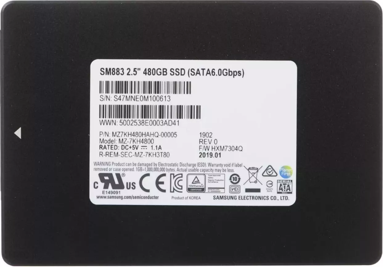 SSD накопитель Samsung SM883 480GB 2.5" 6GB/s 3 DWPD